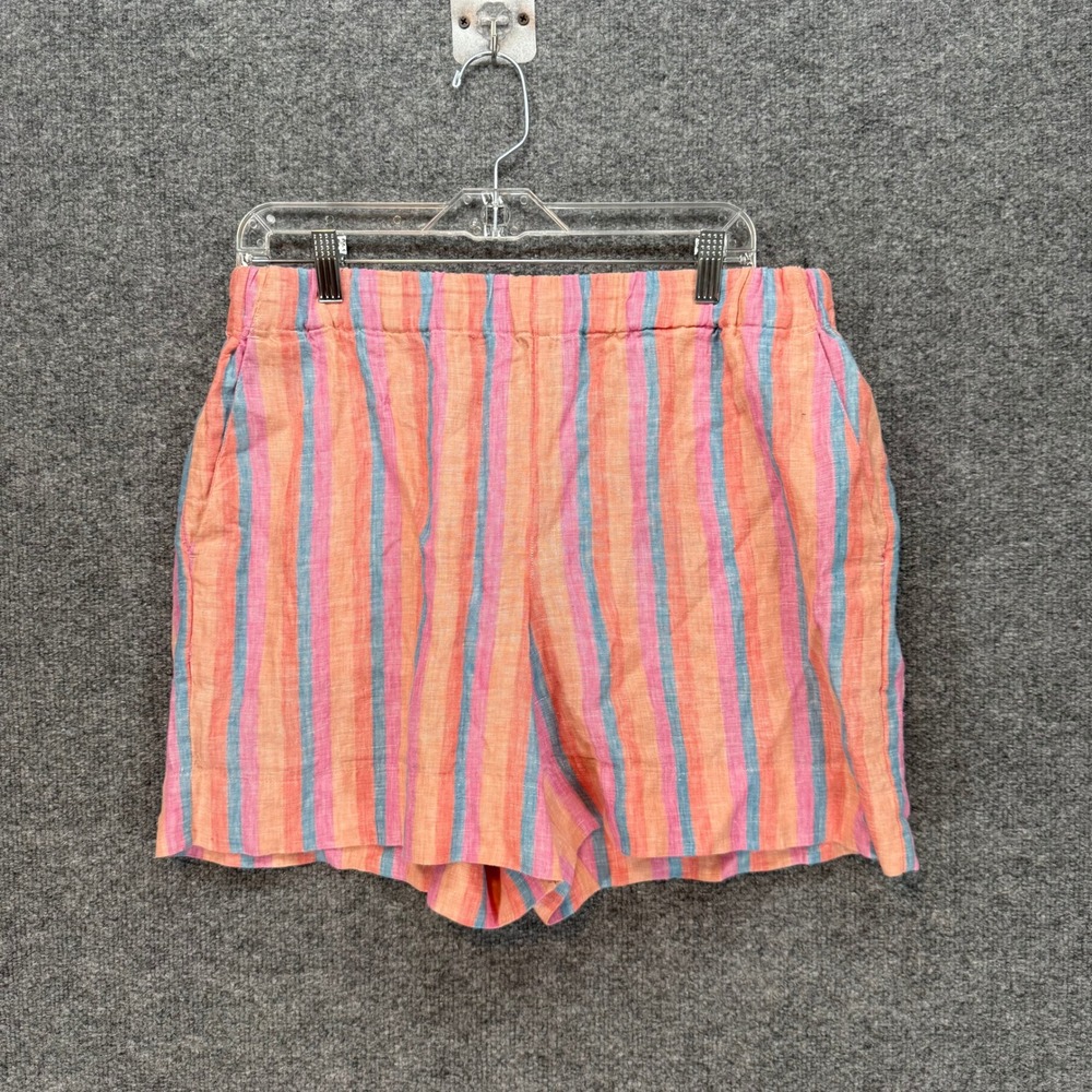 Faherty Shorts Women Large Orange Stripe 100% Linen Stretch Waist Coastal Boho